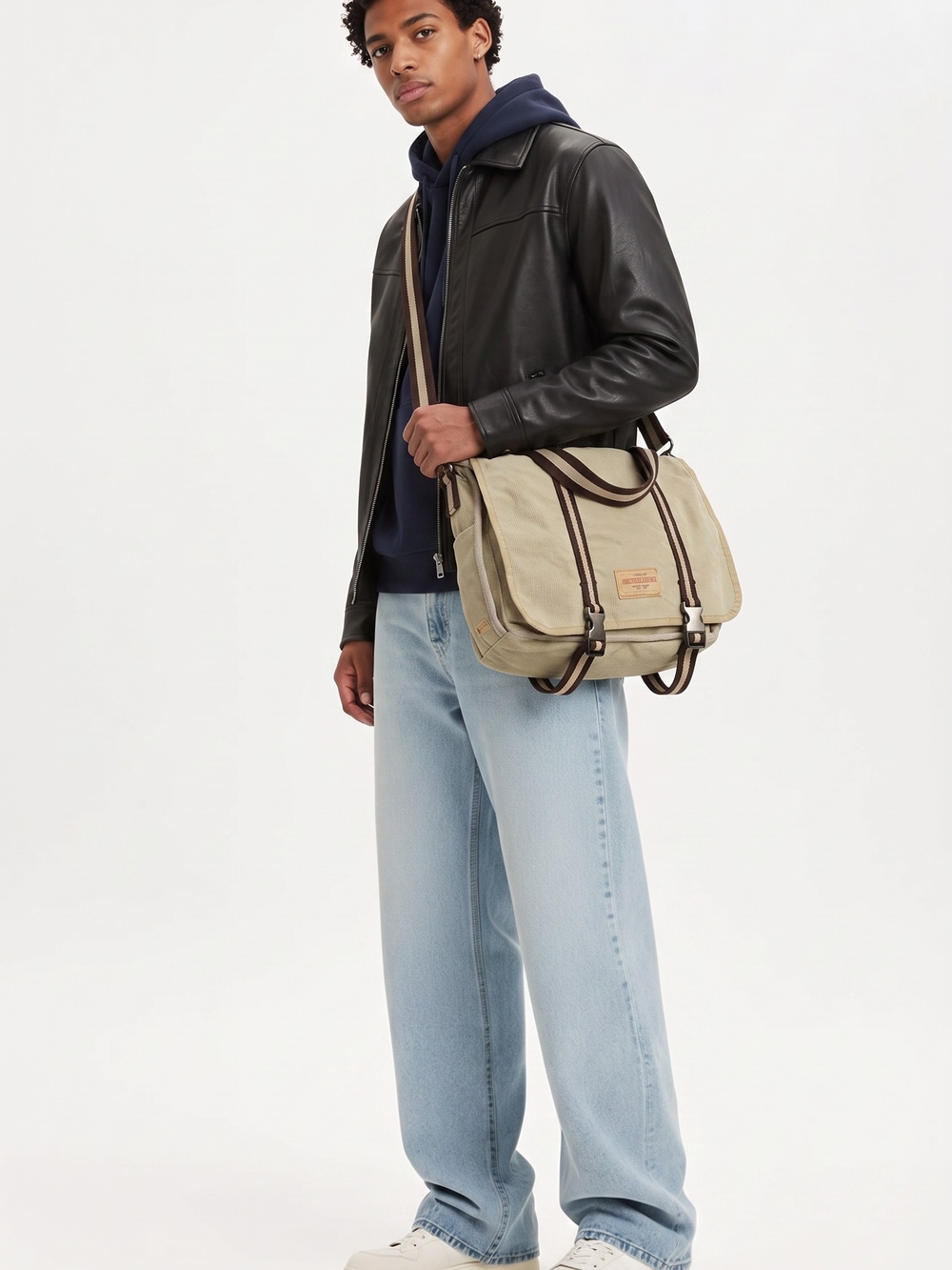 Industrial Exchange rugged canvas messenger bag light Khaki, Accent Striping